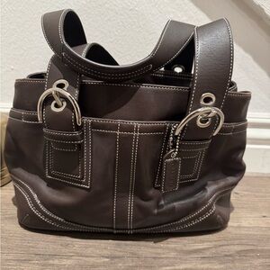 Coach Dark Brown Leather Bag with Silver Accents